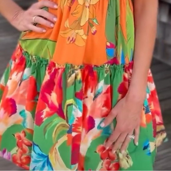 FARMRIO Foliage Mix Mini Dress Tropical Floral Ruffle Sleeve Tucan Cotton Size L - Picture 4 of 9